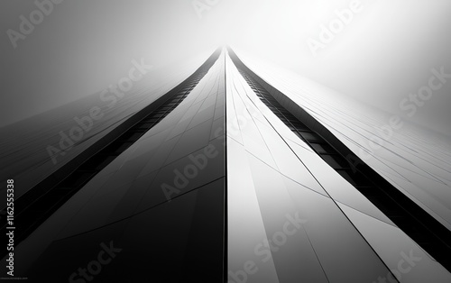 Ascend: A skyscraper's sleek lines pierce the fog, a breathtaking monochrome masterpiece of architectural design. photo