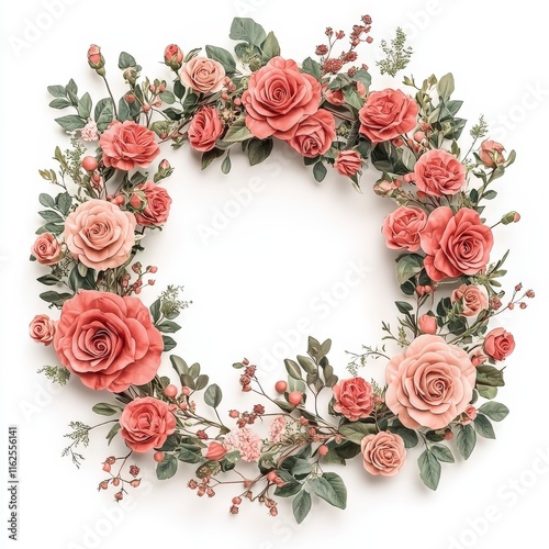 A beautiful floral wreath featuring delicate pink and peach roses surrounded by lush greenery for elegant decor.