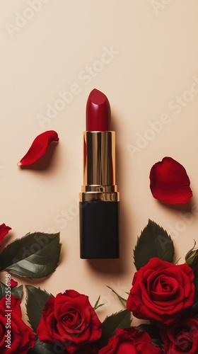 Flat lay luxurious red lipstick tube with roses on beige background. Concept for Cosmetic advertisement, Vegan beauty product photo