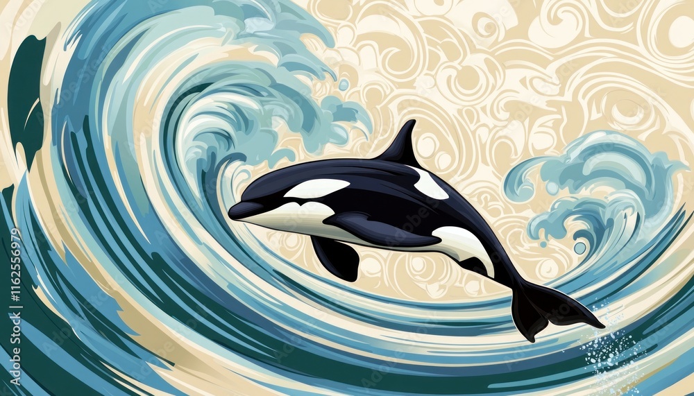 Obraz premium Killer whale swimming in ocean wave with decorative background