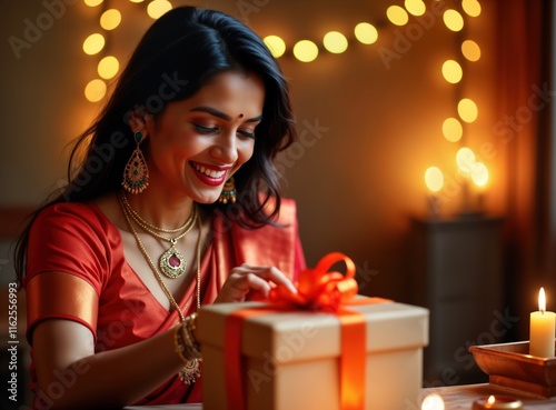 Happy young Indian woman unboxing gift during Diwali celebration. Elegant festive decor. Wears traditional saree, jewelry. Looks happy, excited. Indoor setting with warm lighting. Diwali major Indian photo