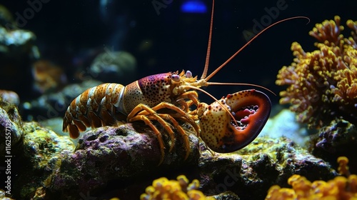 Underwater coral reefs Lobster hiding in rocky crevices photo