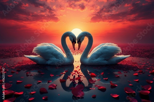 two white swans on a lake of rose petals at sunset photo