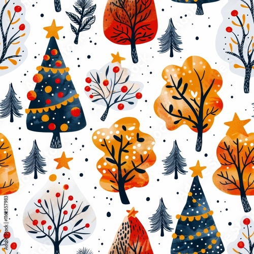 Charming holiday pattern featuring festive icons in a cute memphis boho style for christmas cheer