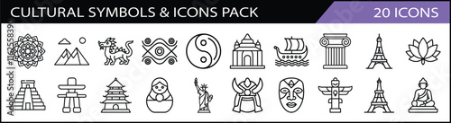 Cultural Symbols and Icons Pack - A collection of 20 line icons showcasing cultural symbols and landmarks, including pagodas, statues, and traditional artifacts from around the world.