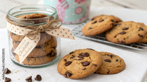 chocolate chip cookies  in the jar and out side