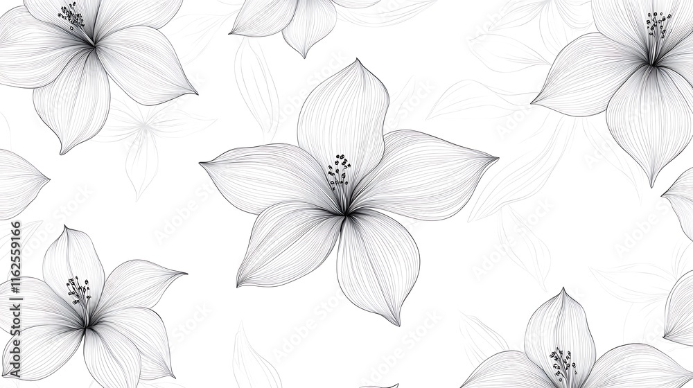 Fototapeta premium A minimalist floral seamless pattern with nature-inspired elements crafted in vector style on a bright white canvas. 