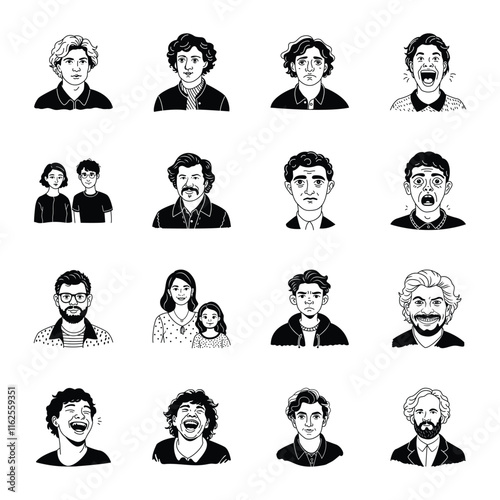 Set of Character Faces Glyph Style Icons 

