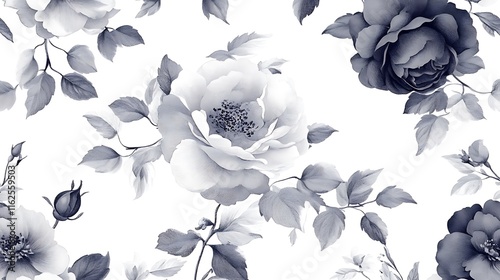 A minimalist monochrome floral pattern with seamless vector arrangements displayed on a pure white background. 