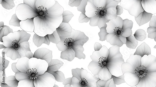 A minimalist monochrome floral pattern with seamless vector arrangements displayed on a pure white background.  photo