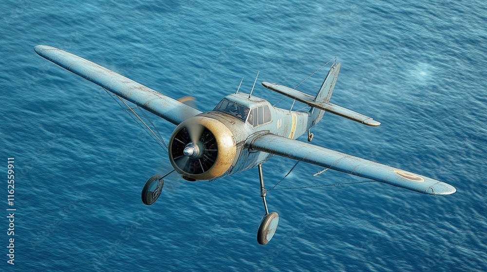 Fototapeta premium Flying Over the Vast Ocean, a Vintage Aircraft Soars Under the Wide Blue Sky