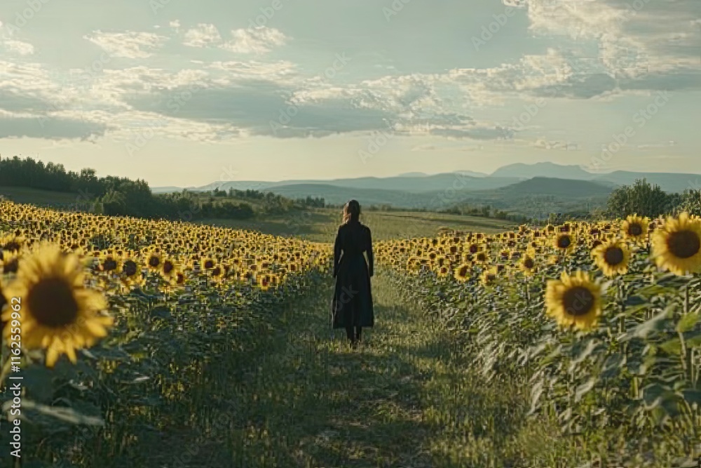 Fototapeta premium Woman Walks Through Sunflower Field Towards Distant Hills