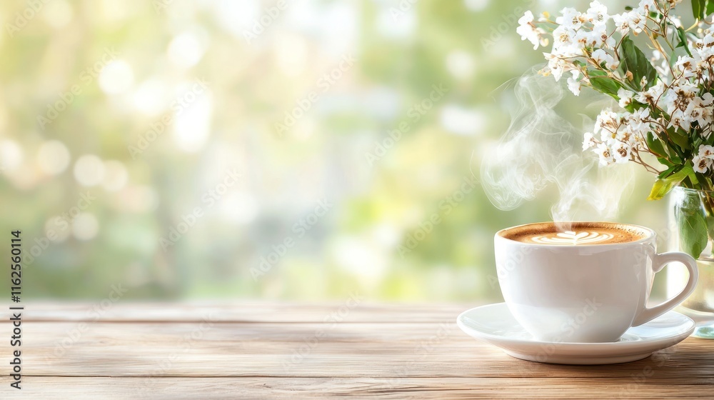Steaming latte art coffee in white cup on wooden table with blurred spring flowers background. Steaming latte art coffee in white cup on wooden table with blurred spring flowers background.