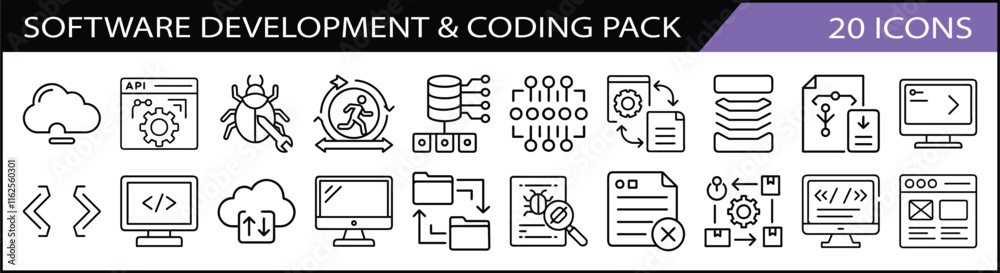 Software Development and Coding Icon Pack - A pack of 20 icons showcasing software development and coding themes, featuring APIs, debugging, cloud storage, and data systems.