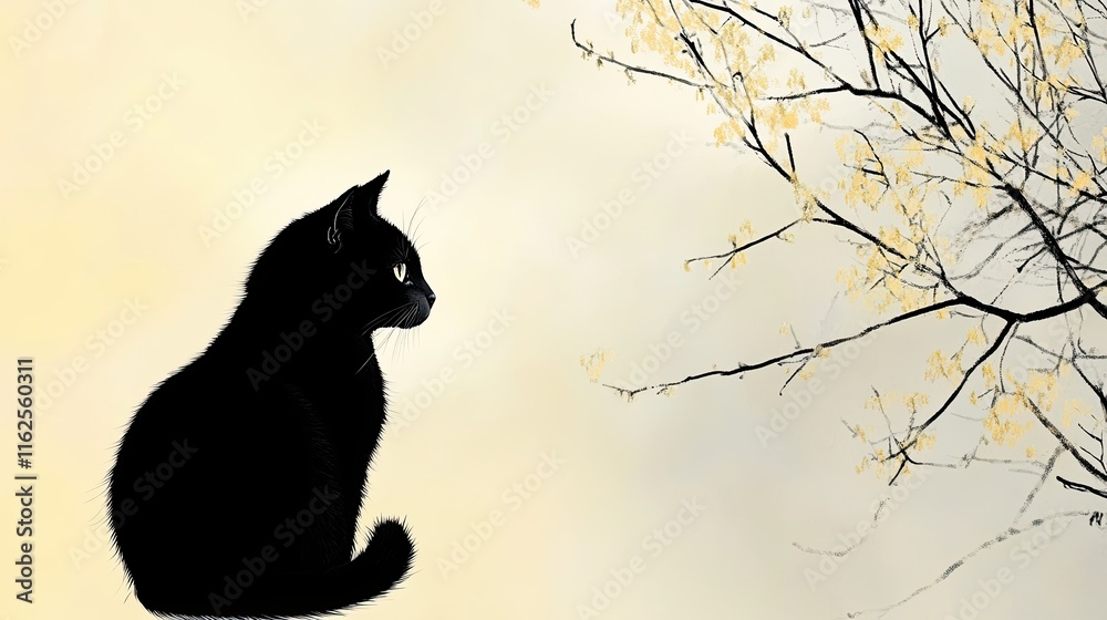 Majestic Black Cat Gazes Contemplatively at Delicate Blossoms in a Serene Spring Twilight Majestic Black Cat Gazes Contemplatively at Delicate Blossoms in a Serene Spring Twilight