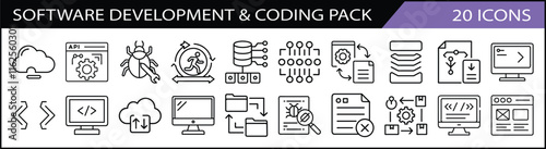 Software Development and Coding Icon Pack - A pack of 20 icons showcasing software development and coding themes, featuring APIs, debugging, cloud storage, and data systems.