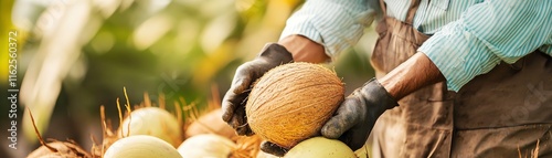 Person harvesting melons in a lush garden, showcasing fresh produce. photo