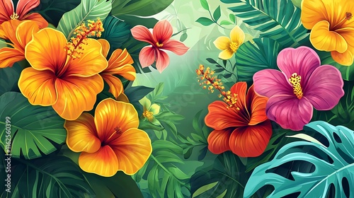 Wallpaper Mural A refreshing seamless floral design in vector format with nature-inspired details, featuring vibrant blooms and foliage on a white canvas.  Torontodigital.ca