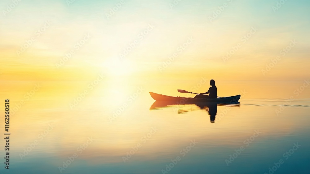 Fototapeta premium Canoeing at Dawn on a Tranquil Lake With Sun Rising Over the Horizon
