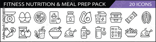 Fitness Nutrition and Meal Prep Icon Set - A set of 20 icons focused on fitness, nutrition, and meal prep, including healthy food, drinks, supplements, and meal plans.