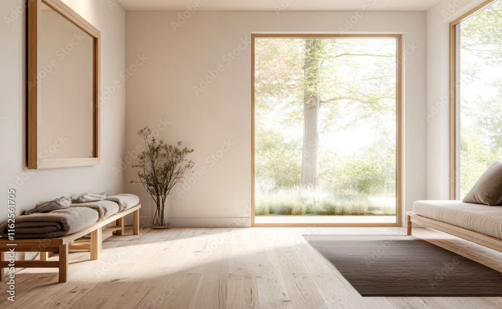 Natural light fills a serene living space with modern decor and a view of greenery Natural light fills a serene living space with modern decor and a view of greenery