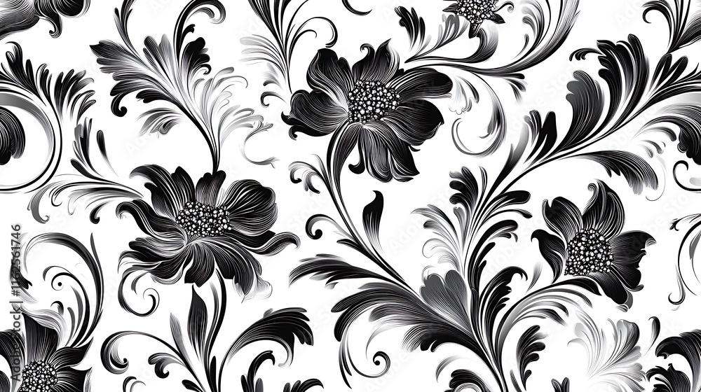A seamless decorative floral pattern in vector style with intricate designs and elegant arrangements over a white background. A seamless decorative floral pattern in vector style with intricate designs and elegant arrangements over a white background.