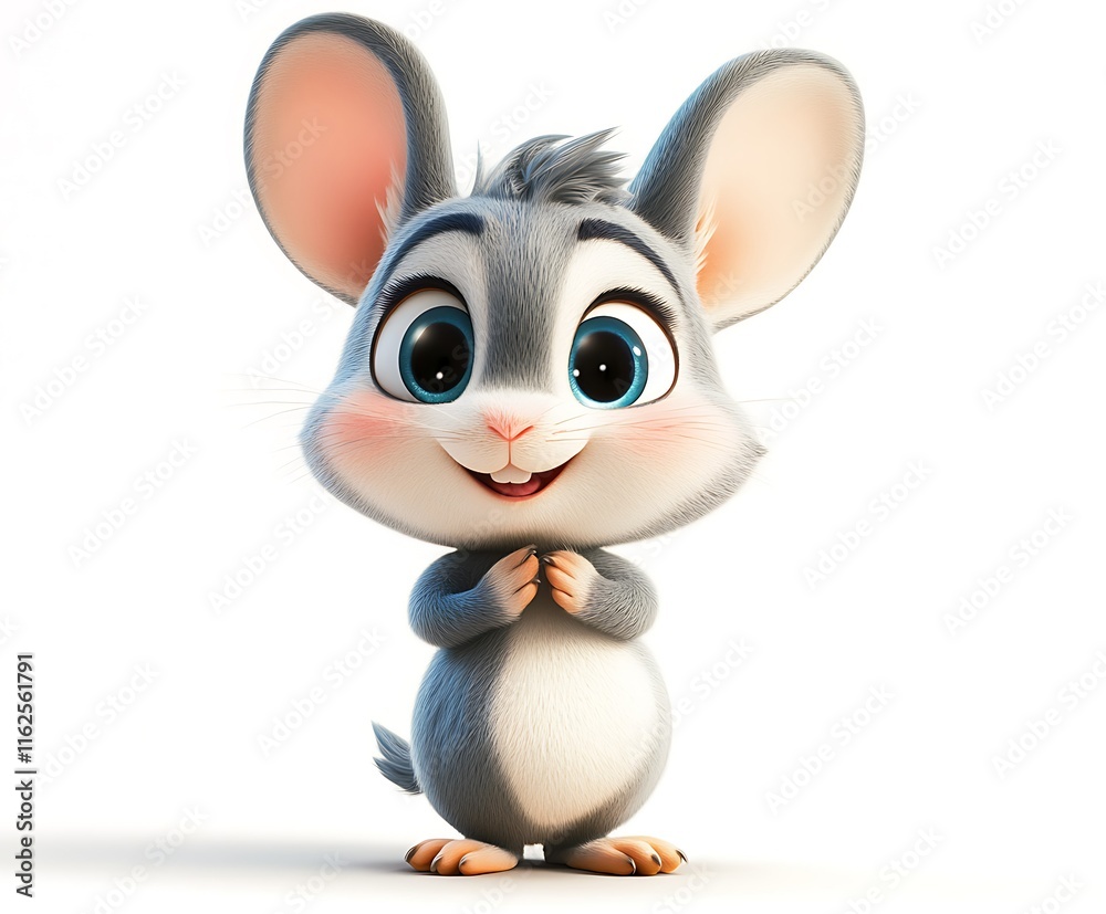 Obraz premium Adorable 3D-rendered cartoon mouse with big eyes, standing on white background.