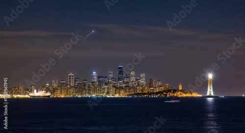 City skyline with a distant lighthouse guiding ships in the night