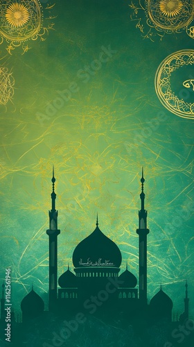 Majestic Mosque Silhouette Against Green Gold Background photo