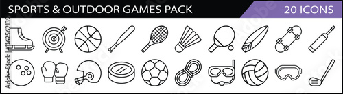 Sports and Outdoor Games Icon Set - A set of 20 icons showcasing sports and outdoor games, including basketball, tennis, archery, boxing, and soccer.