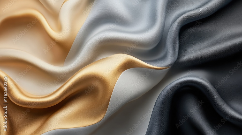 Elegant Draped Fabric in Gold, White, Gray Tones with Smooth Texture Elegant Draped Fabric in Gold, White, Gray Tones with Smooth Texture
