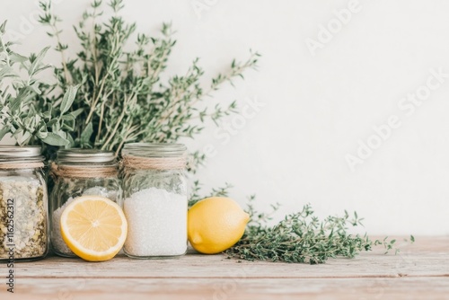 A rustic kitchen table with jars of sea salt, iodized salt, and natural herbs, emphasizing dietary sources of iodine photo