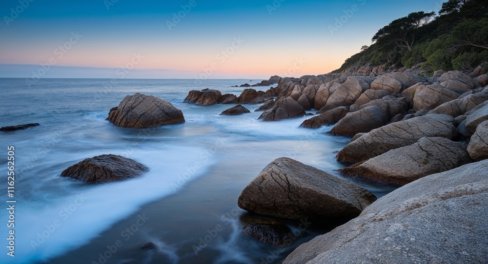 Coastal rocks with gentle waves at daybreak enhancing the tranquility of the scene Coastal rocks with gentle waves at daybreak enhancing the tranquility of the scene