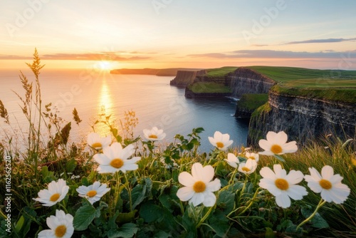 A scenic view of the Cliffs of Moher with lush green landscapes and the Atlantic Ocean stretching into the horizon
