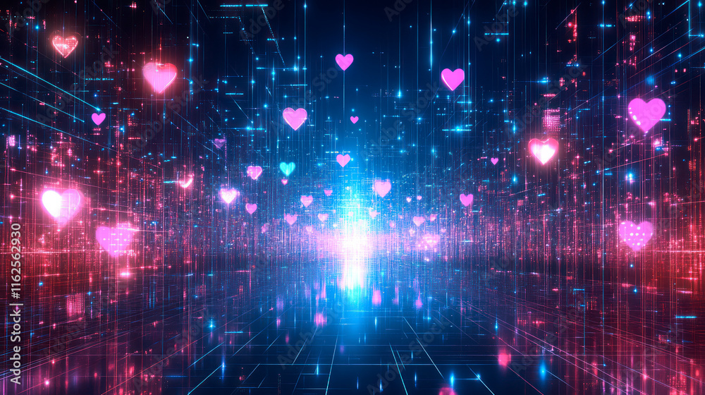 Obraz premium Digital computer background with hearts, holographic effect
