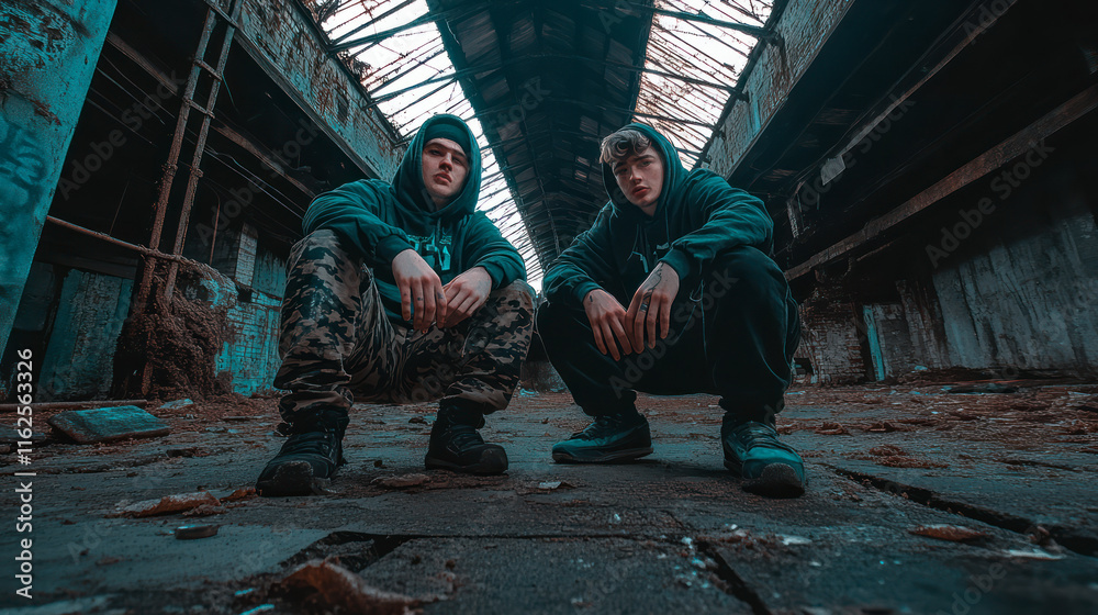 Fototapeta premium Junior street gang members on their hunkers