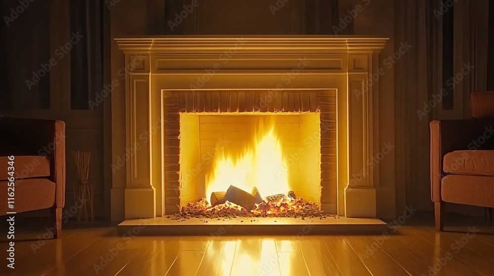 Cozy Fireplace Scene with Armchairs and Warm Fire Cozy Fireplace Scene with Armchairs and Warm Fire