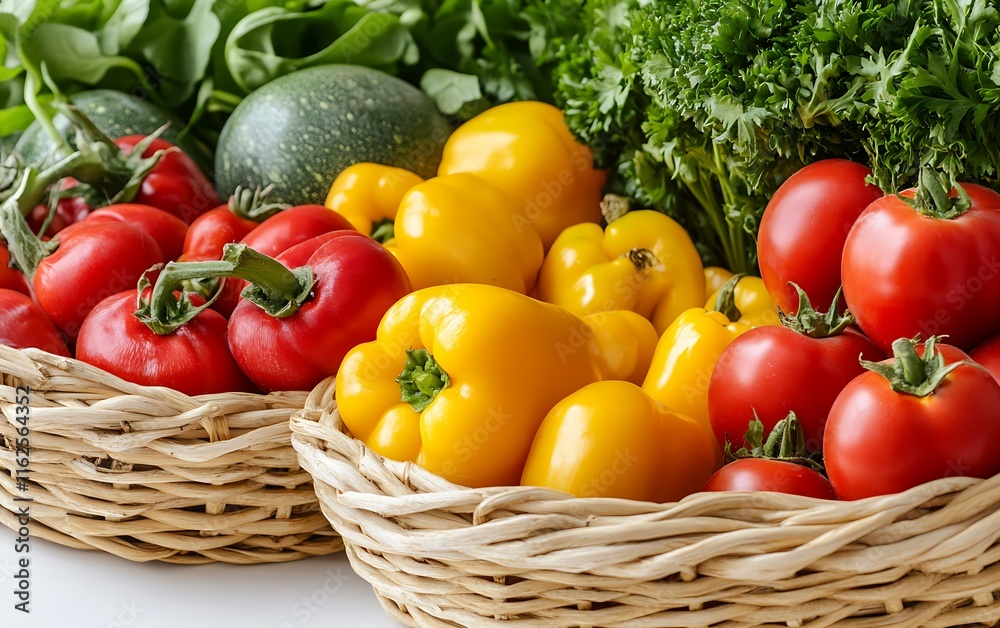 Fresh red tomatoes, yellow bell peppers, zucchini, parsley, and spinach in wicker baskets. Fresh red tomatoes, yellow bell peppers, zucchini, parsley, and spinach in wicker baskets.