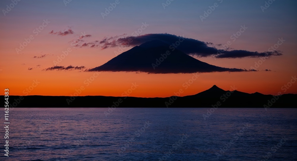Last light of day illuminating a single mountain standing alone against sunset Last light of day illuminating a single mountain standing alone against sunset