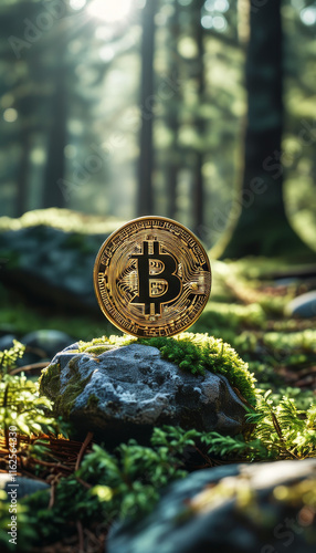 Bitcoin in Natural Setting: Bitcoin placed on a moss-covered rock in a forest, symbolizes growth, sustainability, natural evolution of money, crypto currency environmental impact 