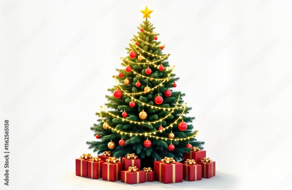 Festive decorated Christmas tree with red and gold ornaments and glittering lights. Presents lie at base of tree against plain white background. Perfect image for holiday cards or seasonal designs.