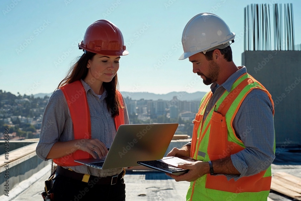 Construction professionals collaborate on building site while using laptops in sunny weather Construction professionals collaborate on building site while using laptops in sunny weather