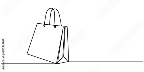 Shopping bag in continuous line art drawing style. Paper package black linear sketch isolated on white background. Vector illustration, Continuous single line drawing of shopping bag design. Simple .