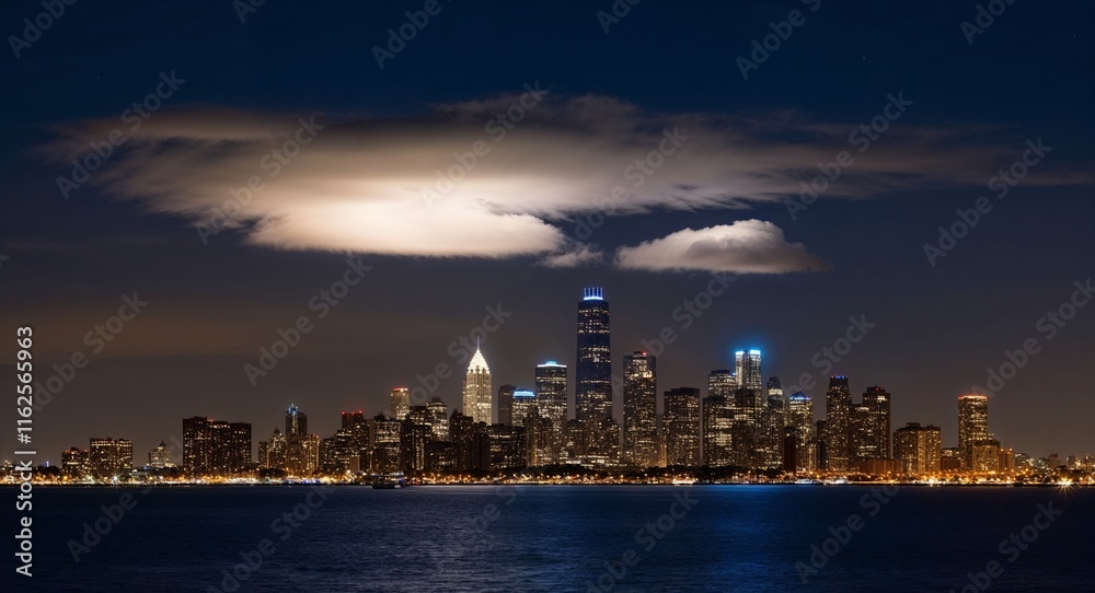 Night skyline with a few clouds lit up by city lights for a dramatic effect Night skyline with a few clouds lit up by city lights for a dramatic effect