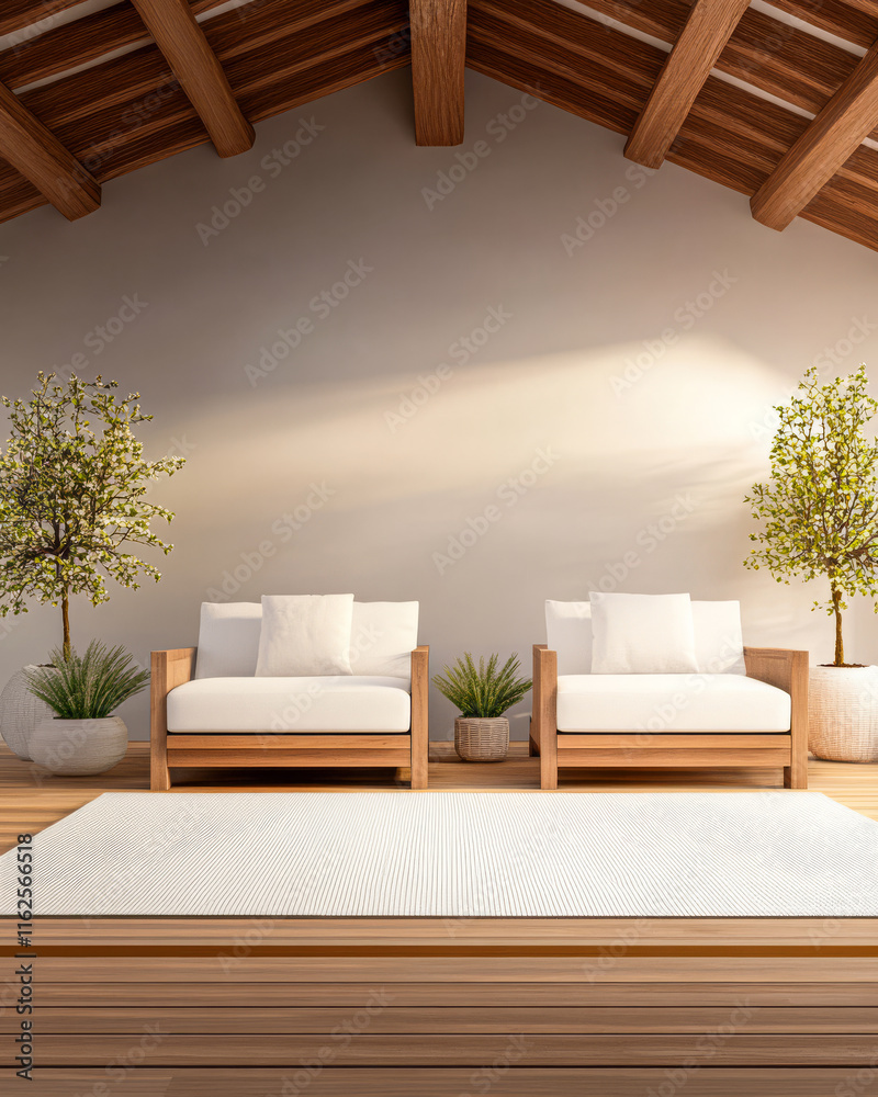 Modern indoor living room with wooden accents and greenery for a serene atmosphere Modern indoor living room with wooden accents and greenery for a serene atmosphere
