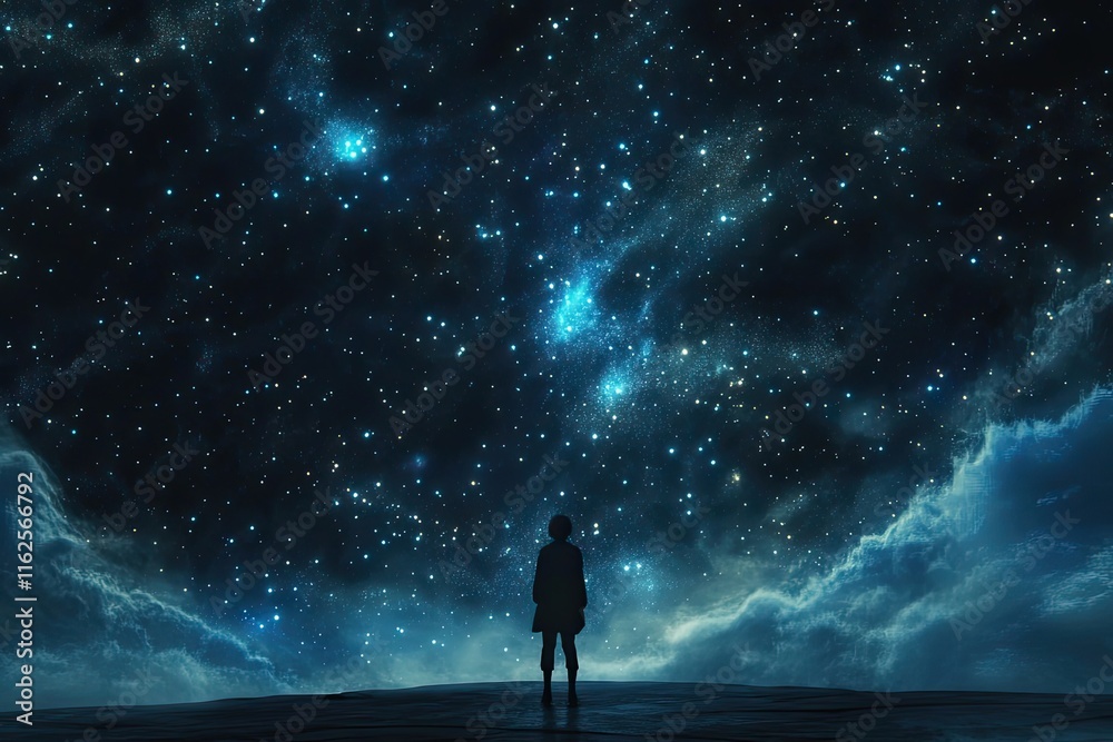 Fototapeta premium Solitary Figure Gazing at a Starry Night Sky