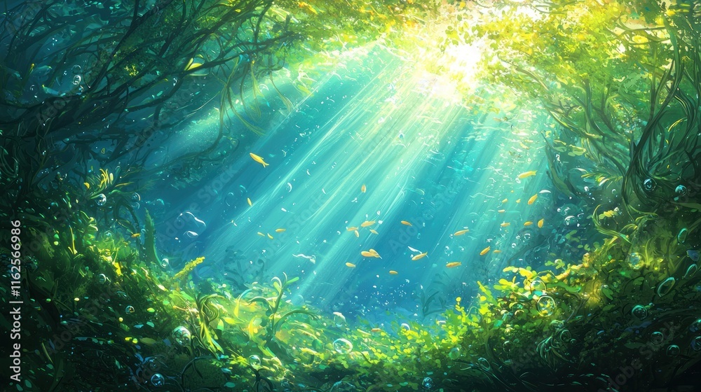 Fototapeta premium Sunlit Underwater Forest Scene With Fish Swimming