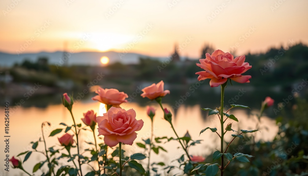 Roses in warm shades of peach and coral growing by a calm river at sunset, The light of the golden hour bathes the scene in a warm glow, with the water reflecting the roses and the soft, natural color Roses in warm shades of peach and coral growing by a calm river at sunset, The light of the golden hour bathes the scene in a warm glow, with the water reflecting the roses and the soft, natural color