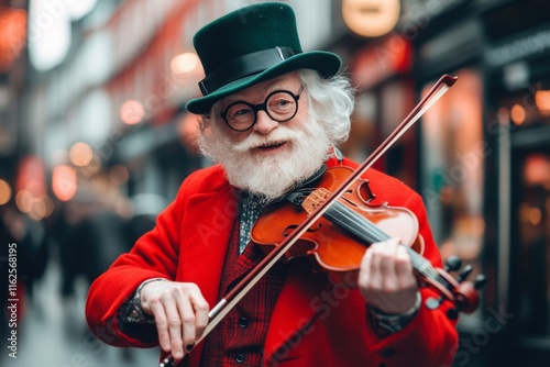 An Irish street performer playing traditional music on a fiddle in a lively city square