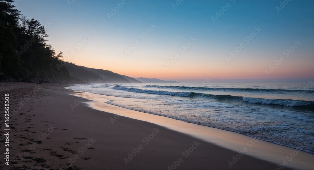 Serene beach scene where dawns first light touches the waves softly Serene beach scene where dawns first light touches the waves softly